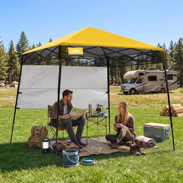 Alt view image 5 of 7 - 8x8 Pop Up Canopy Tent with Sidewall, Compact, Portable Slant Leg Instant Sun Shelter for Beach, Sports, & Camping, 8x8 Base 6x6 Top, Yellow