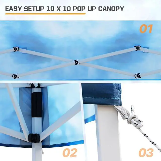 Alt view image 7 of 7 - 10x10 Slant Leg Pop-up Canopy Tent Easy One Person Setup Instant Outdoor Beach Canopy Folding Portable Sports Shelter 10x10 Base 8x8 Top (Tie Dye Blue)