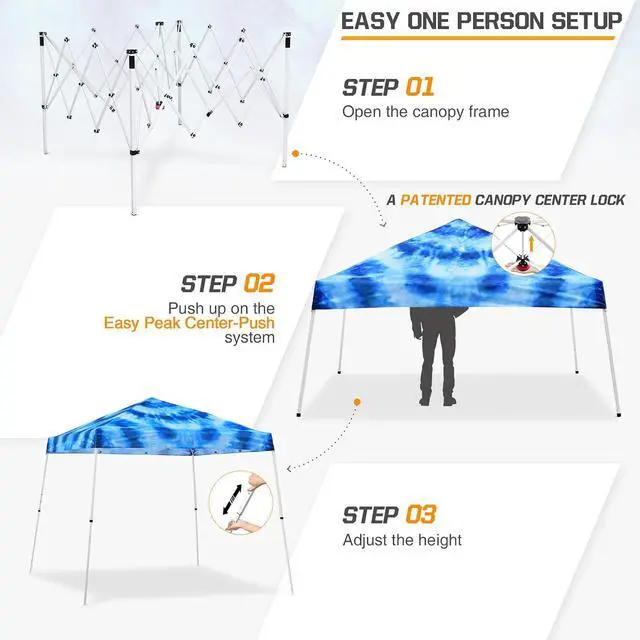 Alt view image 2 of 7 - 10x10 Slant Leg Pop-up Canopy Tent Easy One Person Setup Instant Outdoor Beach Canopy Folding Portable Sports Shelter 10x10 Base 8x8 Top (Tie Dye Blue)