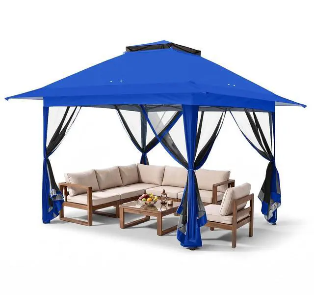 Main image of 13x13 Pop Up Canopy Tent with Mosquito Netting Screen Tent, Auto Extending Eaves 169 Sq Ft of Shade, Easy One-Person Setup Screened Gazebo for Backyard and Patio, Blue