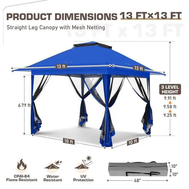 Alt view image 3 of 7 - 13x13 Pop Up Canopy Tent with Mosquito Netting Screen Tent, Auto Extending Eaves 169 Sq Ft of Shade, Easy One-Person Setup Screened Gazebo for Backyard and Patio, Blue