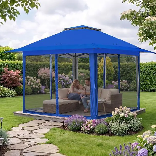 Alt view image 5 of 7 - 13x13 Pop Up Canopy Tent with Mosquito Netting Screen Tent, Auto Extending Eaves 169 Sq Ft of Shade, Easy One-Person Setup Screened Gazebo for Backyard and Patio, Blue