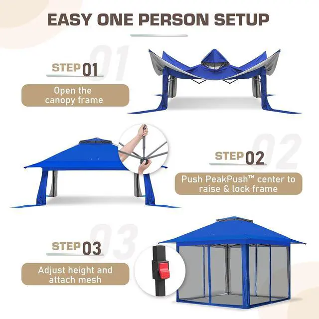 Alt view image 7 of 7 - 13x13 Pop Up Canopy Tent with Mosquito Netting Screen Tent, Auto Extending Eaves 169 Sq Ft of Shade, Easy One-Person Setup Screened Gazebo for Backyard and Patio, Blue