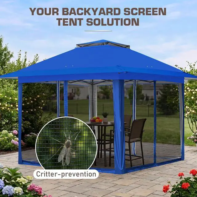 Alt view image 6 of 7 - 13x13 Pop Up Canopy Tent with Mosquito Netting Screen Tent, Auto Extending Eaves 169 Sq Ft of Shade, Easy One-Person Setup Screened Gazebo for Backyard and Patio, Blue