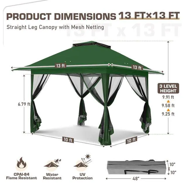 Alt view image 3 of 7 - 13x13 Pop Up Canopy Tent with Mosquito Netting Screen Tent, Auto Extending Eaves 169 Sq Ft of Shade, Easy One-Person Setup Screened Gazebo for Backyard and Patio, Green