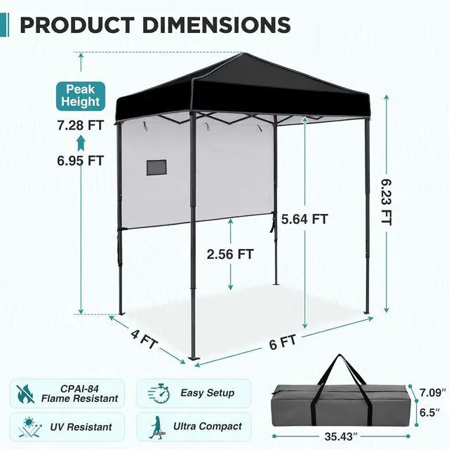 Alt view image 3 of 7 - 6x4 Instant Pop Up Canopy Tent with 1 Half Wall Panel, Straight Leg Sun Shelter, Portable Canopy with Carry Bag for Camping, Beach & Sports, Black