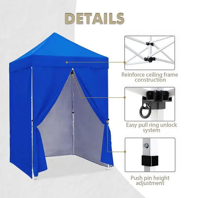 Alt view image 3 of 7 - 5x5 Instant Canopy with 4-Side Wall Panels, Small Pop up Portable Canopy Tent with Carry Bag, Light Weight Sun Shelter for Sports, Camping and Beach, Blue