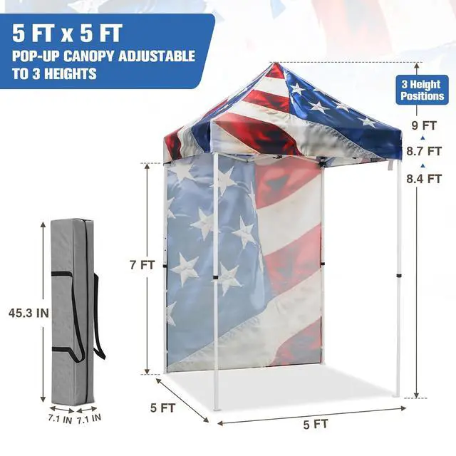 Alt view image 3 of 7 - Pop up Canopy 5x5, Outdoor Portable Canopy Tent with One Removable Sunwall, Carry Bag Included, Stars and Stripes