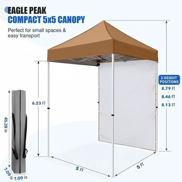 Alt view image 3 of 7 - Pop up Canopy 5x5, Outdoor Portable Canopy Tent with One Removable Sunwall, Carry Bag Included, Khaki