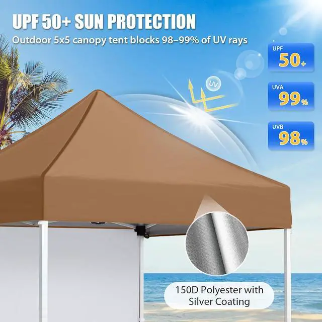 Alt view image 2 of 7 - Pop up Canopy 5x5, Outdoor Portable Canopy Tent with One Removable Sunwall, Carry Bag Included, Khaki