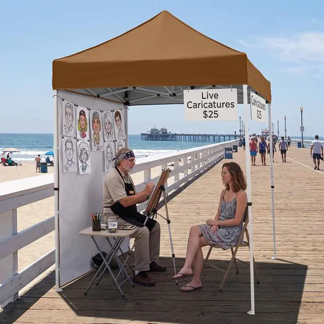 Alt view image 5 of 7 - Pop up Canopy 5x5, Outdoor Portable Canopy Tent with One Removable Sunwall, Carry Bag Included, Khaki