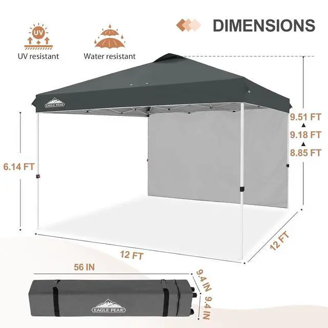 Alt view image 3 of 7 - Commercial Canopy 12x12 Pop Up Canopy Tent with 1 Sidewall, Easy Setup Heavy Duty Instant Event Shelter for Vendors & Markets, Outdoor Sun Shade, Gray