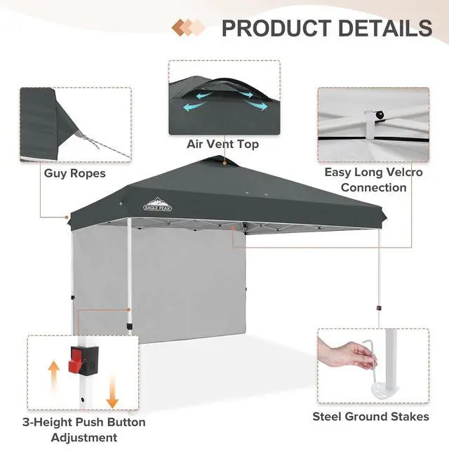 Alt view image 6 of 7 - Commercial Canopy 12x12 Pop Up Canopy Tent with 1 Sidewall, Easy Setup Heavy Duty Instant Event Shelter for Vendors & Markets, Outdoor Sun Shade, Gray
