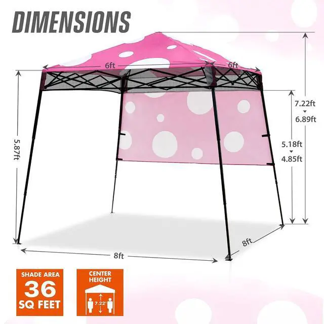 Alt view image 3 of 7 - 8x8 Pop Up Canopy Tent with Sidewall, Compact, Portable Slant Leg Instant Sun Shelter for Beach, Sports, & Camping, 8x8 Base 6x6 Top, Pink Mushroom