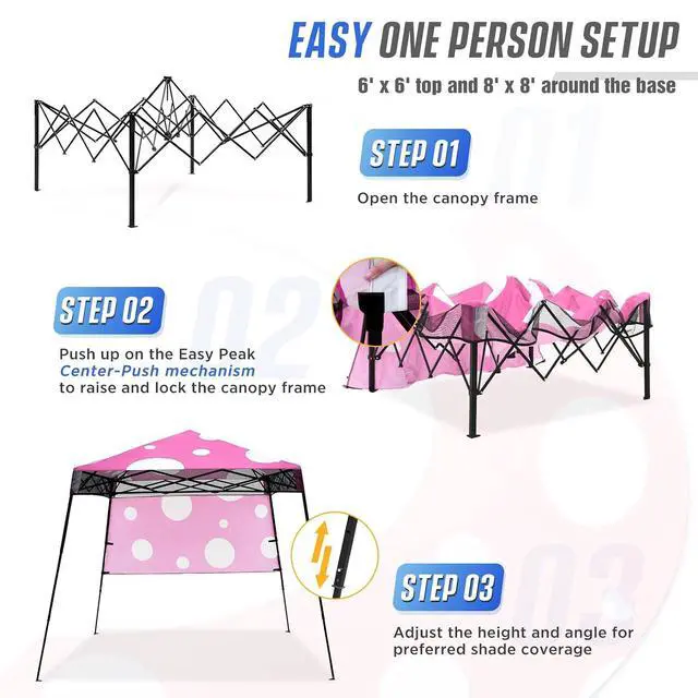 Alt view image 2 of 7 - 8x8 Pop Up Canopy Tent with Sidewall, Compact, Portable Slant Leg Instant Sun Shelter for Beach, Sports, & Camping, 8x8 Base 6x6 Top, Pink Mushroom
