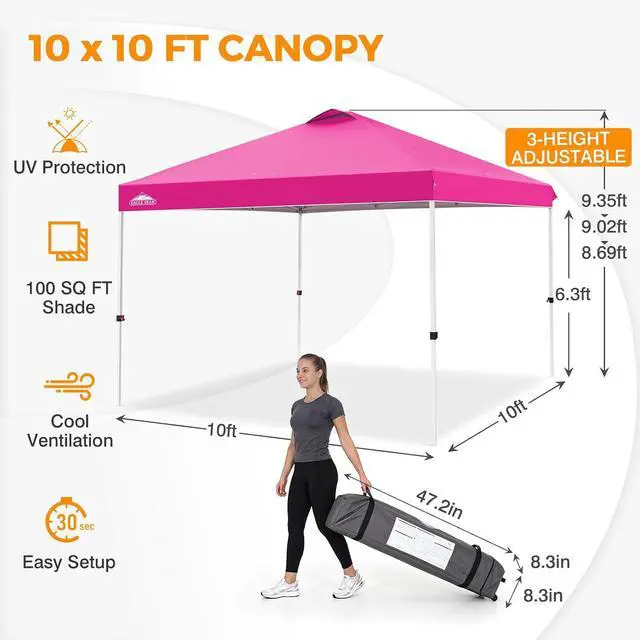 Alt view image 3 of 7 - Pop Up Canopy Tent with Wheeled Carry Bag, 8 Stakes, 4 Ropes, 4 Weight Bags, Easy Set Up Tent Canopy, 10x10 ft, 100sqft of Shade, Pink