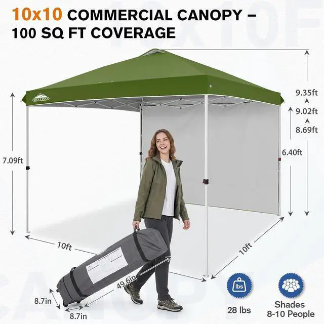 Alt view image 3 of 7 - Commercial Canopy 10x10 Pop Up Canopy Tent with 1 Sidewall, Easy Setup Heavy Duty Instant Event Shelter for Vendors & Markets, Outdoor Sun Shade, Grass Green