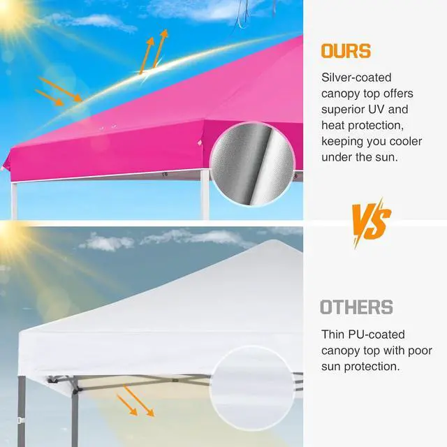 Alt view image 7 of 7 - Pop Up Canopy Tent with Wheeled Carry Bag, 8 Stakes, 4 Ropes, 4 Weight Bags, Easy Set Up Tent Canopy, 10x10 ft, 100sqft of Shade, Pink
