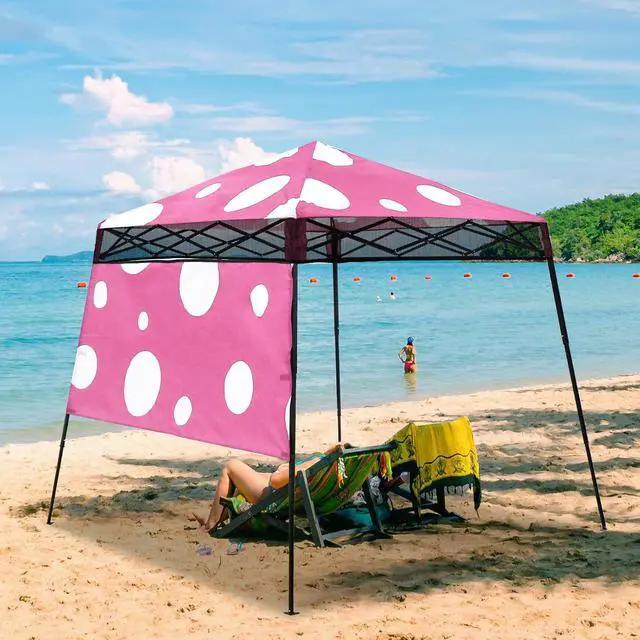 Alt view image 5 of 7 - 8x8 Pop Up Canopy Tent with Sidewall, Compact, Portable Slant Leg Instant Sun Shelter for Beach, Sports, & Camping, 8x8 Base 6x6 Top, Pink Mushroom