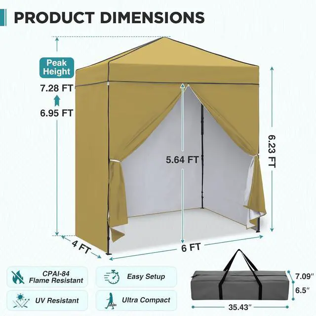 Alt view image 3 of 7 - 6x4 Instant Pop Up Canopy Tent with 4 Side Wall Panels, Straight Leg Sun Shelter, Portable Canopy with Carry Bag for Camping, Beach & Sports, Beige