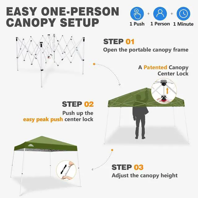 Alt view image 6 of 7 - 10x10 Slant Leg Pop-up Canopy Tent Easy One Person Setup Instant Outdoor Beach Canopy Folding Portable Sports Shelter 10x10 Base 8x8 Top (Grass Green)