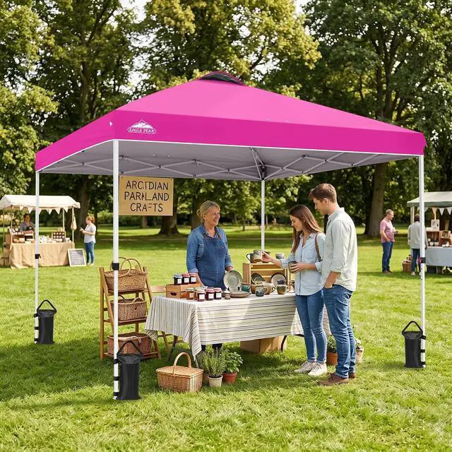 Alt view image 5 of 7 - Pop Up Canopy Tent with Wheeled Carry Bag, 8 Stakes, 4 Ropes, 4 Weight Bags, Easy Set Up Tent Canopy, 10x10 ft, 100sqft of Shade, Pink