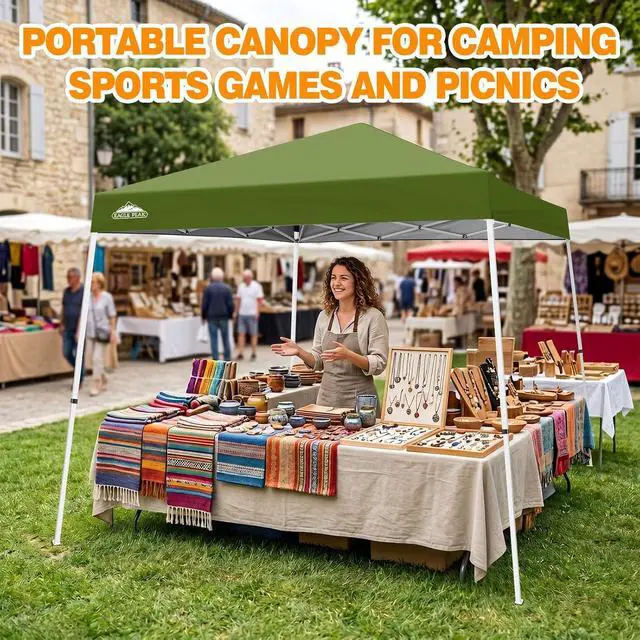 Alt view image 5 of 7 - 10x10 Slant Leg Pop-up Canopy Tent Easy One Person Setup Instant Outdoor Beach Canopy Folding Portable Sports Shelter 10x10 Base 8x8 Top (Grass Green)