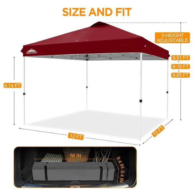 Alt view image 3 of 7 - Pop Up Canopy Tent with Wheeled Carry Bag, 8 Stakes, 4 Ropes, 4 Weight Bags, Easy Set Up Tent Canopy, 12x12 ft, 144sqft of Shade, Burgundy