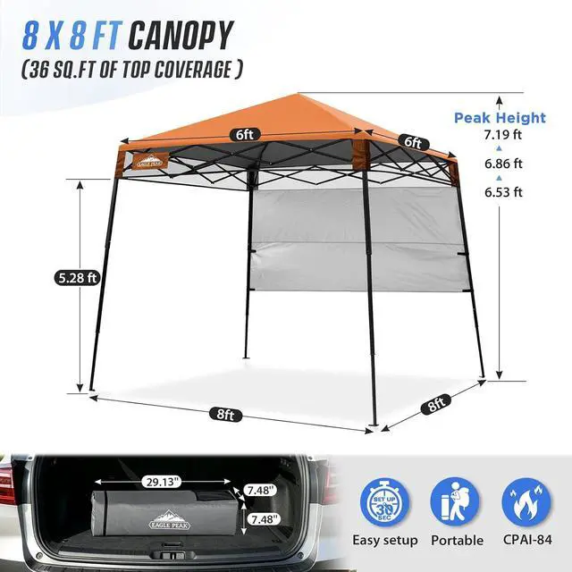 Alt view image 3 of 7 - 8x8 Pop Up Canopy Tent with Sidewall, Compact, Portable Slant Leg Instant Sun Shelter for Beach, Sports, & Camping, 8x8 Base 6x6 Top, Orange