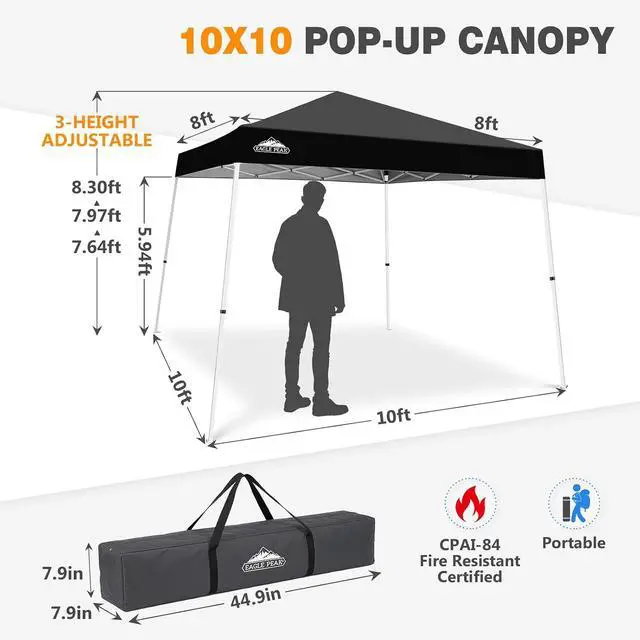 Alt view image 3 of 7 - 10x10 Slant Leg Pop-up Canopy Tent Easy One Person Setup Instant Outdoor Beach Canopy Folding Portable Sports Shelter 10x10 Base 8x8 Top (Black)