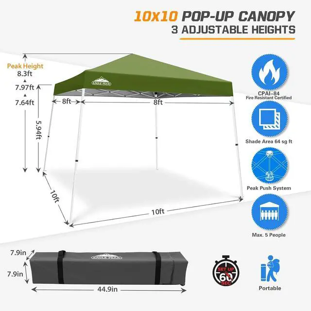 Alt view image 3 of 7 - 10x10 Slant Leg Pop-up Canopy Tent Easy One Person Setup Instant Outdoor Beach Canopy Folding Portable Sports Shelter 10x10 Base 8x8 Top (Grass Green)