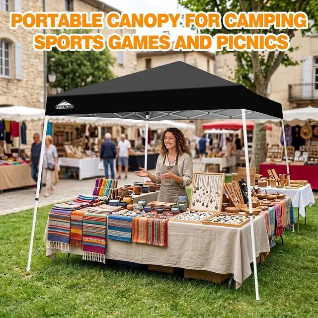 Alt view image 6 of 7 - 10x10 Slant Leg Pop-up Canopy Tent Easy One Person Setup Instant Outdoor Beach Canopy Folding Portable Sports Shelter 10x10 Base 8x8 Top (Black)