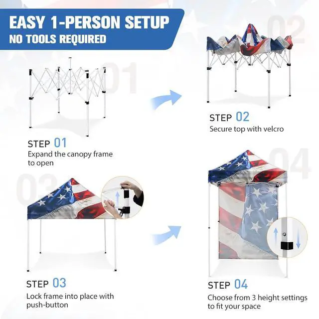 Alt view image 4 of 7 - Pop up Canopy 5x5, Outdoor Portable Canopy Tent with One Removable Sunwall, Carry Bag Included, Stars and Stripes