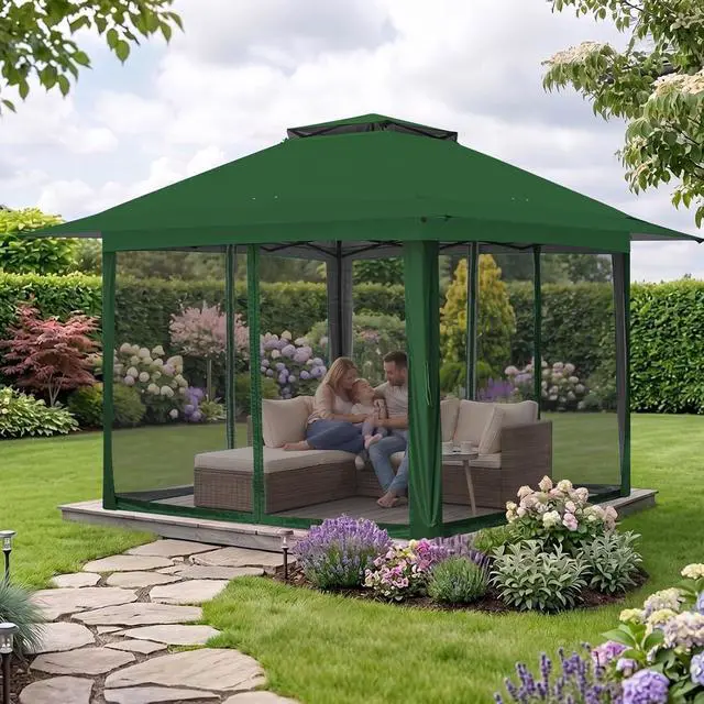 Alt view image 5 of 7 - 13x13 Pop Up Canopy Tent with Mosquito Netting Screen Tent, Auto Extending Eaves 169 Sq Ft of Shade, Easy One-Person Setup Screened Gazebo for Backyard and Patio, Green