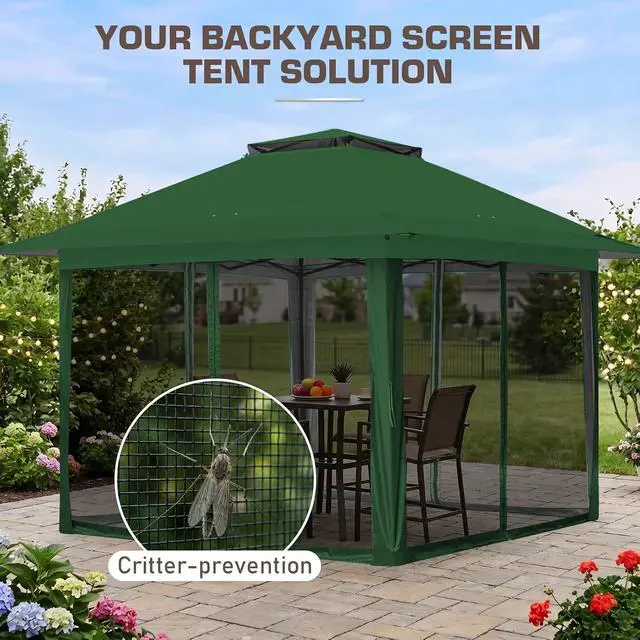 Alt view image 6 of 7 - 13x13 Pop Up Canopy Tent with Mosquito Netting Screen Tent, Auto Extending Eaves 169 Sq Ft of Shade, Easy One-Person Setup Screened Gazebo for Backyard and Patio, Green