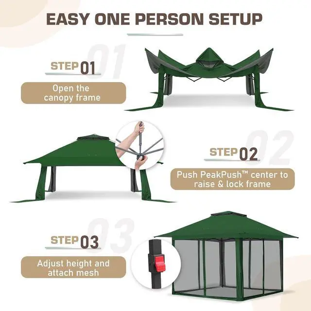 Alt view image 7 of 7 - 13x13 Pop Up Canopy Tent with Mosquito Netting Screen Tent, Auto Extending Eaves 169 Sq Ft of Shade, Easy One-Person Setup Screened Gazebo for Backyard and Patio, Green