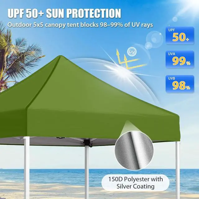 Alt view image 2 of 7 - 5x5 Pop Up Canopy Tent Instant Outdoor Canopy Easy Set-up Straight Leg Folding Shelter, Grass Green