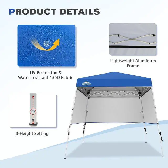 Alt view image 4 of 7 - Day Tripper 8x8 Aluminum Super-Lightweight Slant Leg Pop Up Canopy with 3 Removable Walls, Instant Outdoor Backpack Canopy Tent, Outside Beach Folding Sun Shelter, 8x8 Base 6x6 Top, Blue