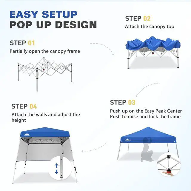 Alt view image 6 of 7 - Day Tripper 8x8 Aluminum Super-Lightweight Slant Leg Pop Up Canopy with 3 Removable Walls, Instant Outdoor Backpack Canopy Tent, Outside Beach Folding Sun Shelter, 8x8 Base 6x6 Top, Blue