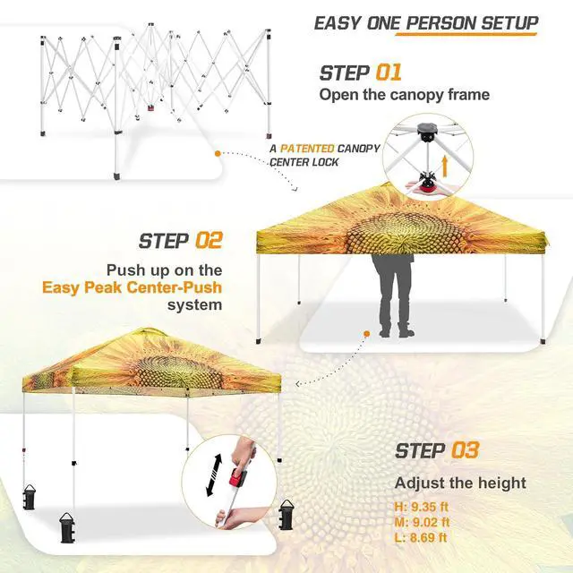 Alt view image 2 of 7 - Pop Up Canopy Tent with Wheeled Carry Bag, 8 Stakes, 4 Ropes, 4 Weight Bags, Easy Set Up Tent Canopy, 10x10 ft, 100sqft of Shade, Sun Flower