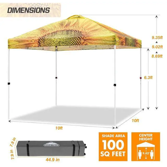 Alt view image 3 of 7 - Pop Up Canopy Tent with Wheeled Carry Bag, 8 Stakes, 4 Ropes, 4 Weight Bags, Easy Set Up Tent Canopy, 10x10 ft, 100sqft of Shade, Sun Flower