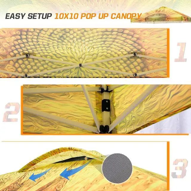 Alt view image 7 of 7 - Pop Up Canopy Tent with Wheeled Carry Bag, 8 Stakes, 4 Ropes, 4 Weight Bags, Easy Set Up Tent Canopy, 10x10 ft, 100sqft of Shade, Sun Flower