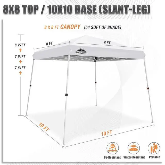 Alt view image 4 of 7 - 10x10 Slant Leg Outside Pop Up Canopy, Instant Outdoor Canopy Tent, 8x8 Top 10x10 Base Sun Shelter with Wheeled Carry Bag, Ropes and Stakes, White