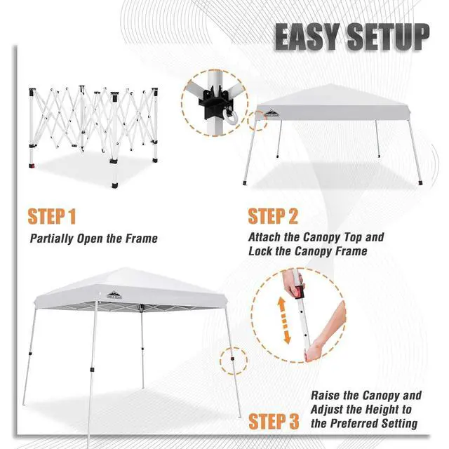 Alt view image 3 of 7 - 10x10 Slant Leg Outside Pop Up Canopy, Instant Outdoor Canopy Tent, 8x8 Top 10x10 Base Sun Shelter with Wheeled Carry Bag, Ropes and Stakes, White