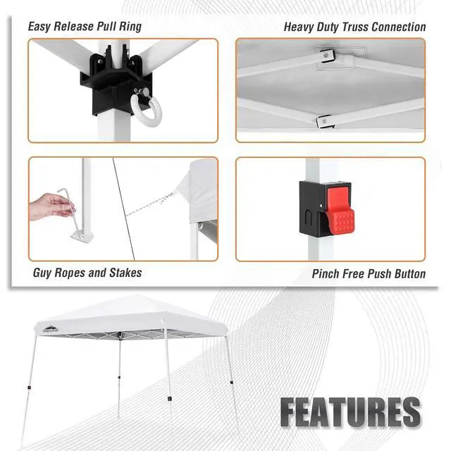 Alt view image 2 of 7 - 10x10 Slant Leg Outside Pop Up Canopy, Instant Outdoor Canopy Tent, 8x8 Top 10x10 Base Sun Shelter with Wheeled Carry Bag, Ropes and Stakes, White