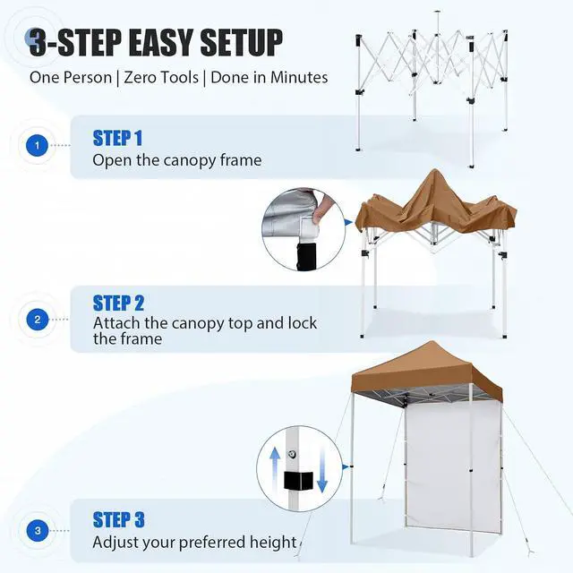Alt view image 7 of 7 - Pop up Canopy 5x5, Outdoor Portable Canopy Tent with One Removable Sunwall, Carry Bag Included, Khaki
