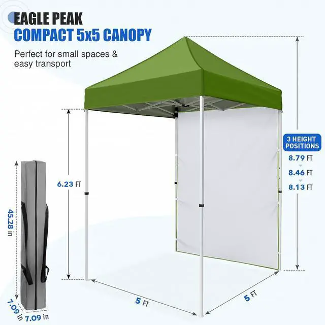 Alt view image 3 of 7 - Pop up Canopy 5x5, Outdoor Portable Canopy Tent with One Removable Sunwall, Carry Bag Included, Grass Green
