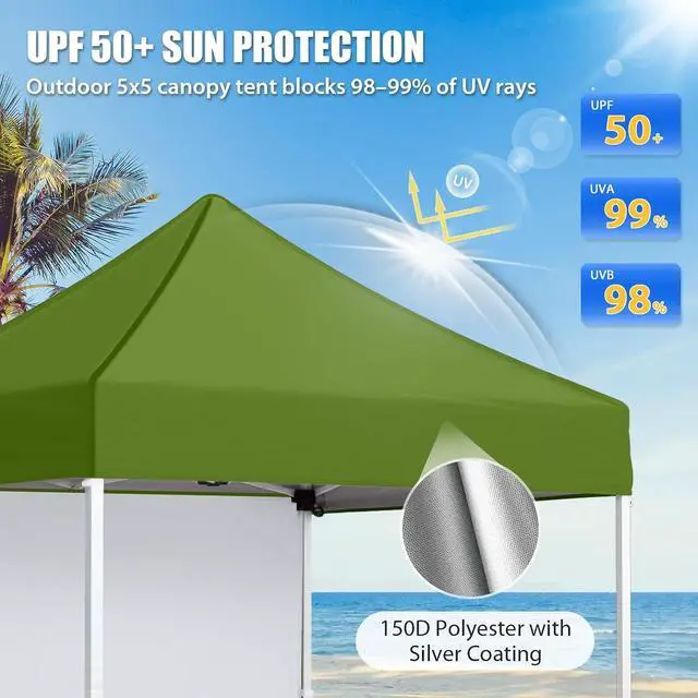 Alt view image 2 of 7 - Pop up Canopy 5x5, Outdoor Portable Canopy Tent with One Removable Sunwall, Carry Bag Included, Grass Green