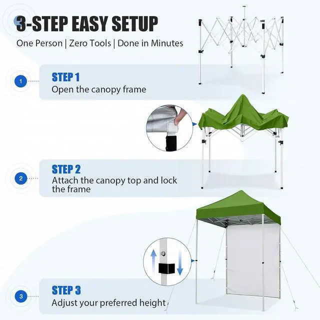 Alt view image 7 of 7 - Pop up Canopy 5x5, Outdoor Portable Canopy Tent with One Removable Sunwall, Carry Bag Included, Grass Green