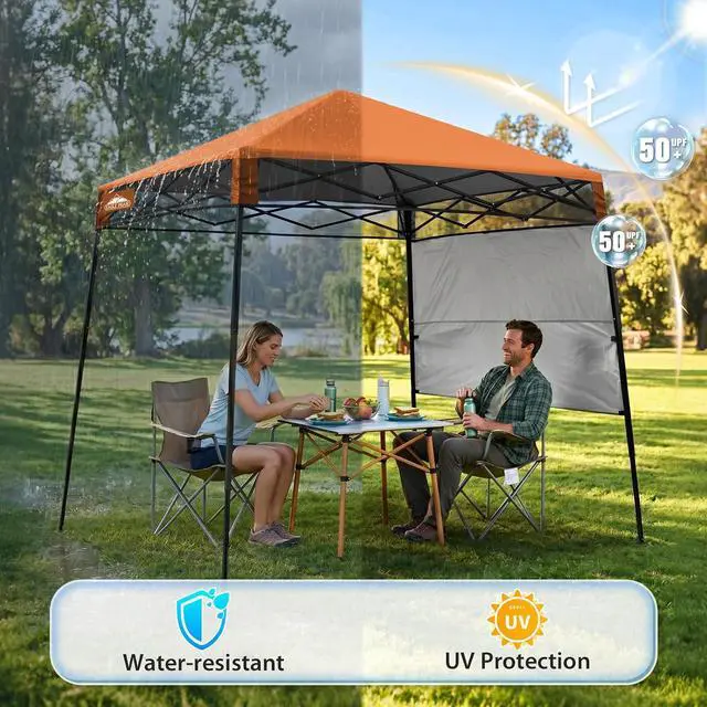 Alt view image 4 of 7 - 8x8 Pop Up Canopy Tent with Sidewall, Compact, Portable Slant Leg Instant Sun Shelter for Beach, Sports, & Camping, 8x8 Base 6x6 Top, Orange